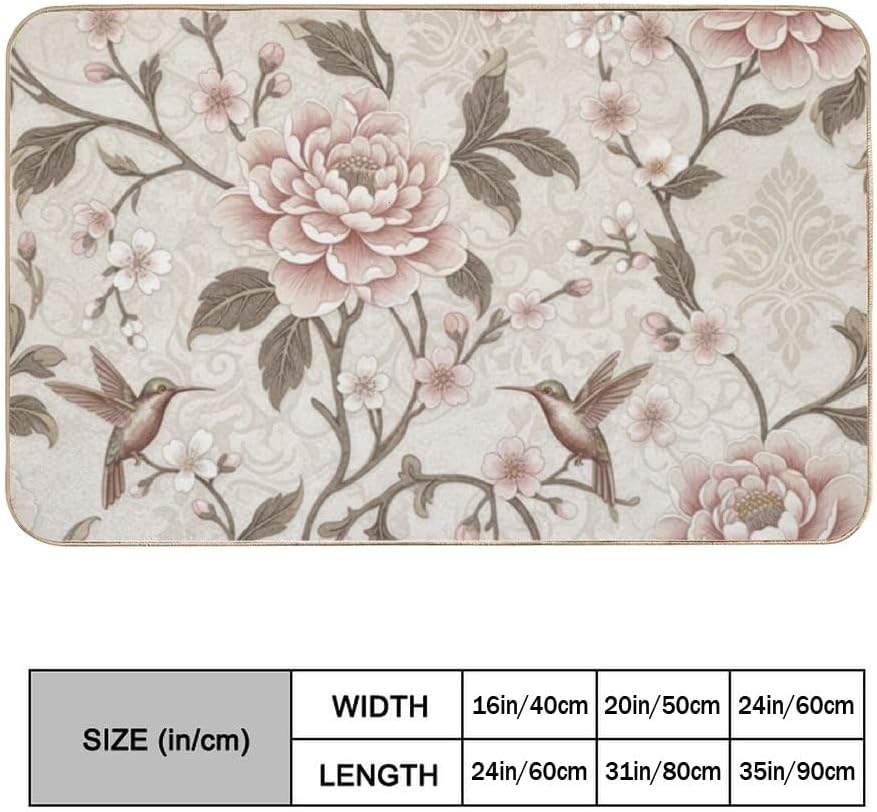 Flannel Quick Dry Bath Mat 16 × 24 Inch, Soft Pink Peony No Slip Mudroom Rug Water Absorbing Shower Decor Washable Rugs Machine Washable Bath Mats for Bathroom Floor