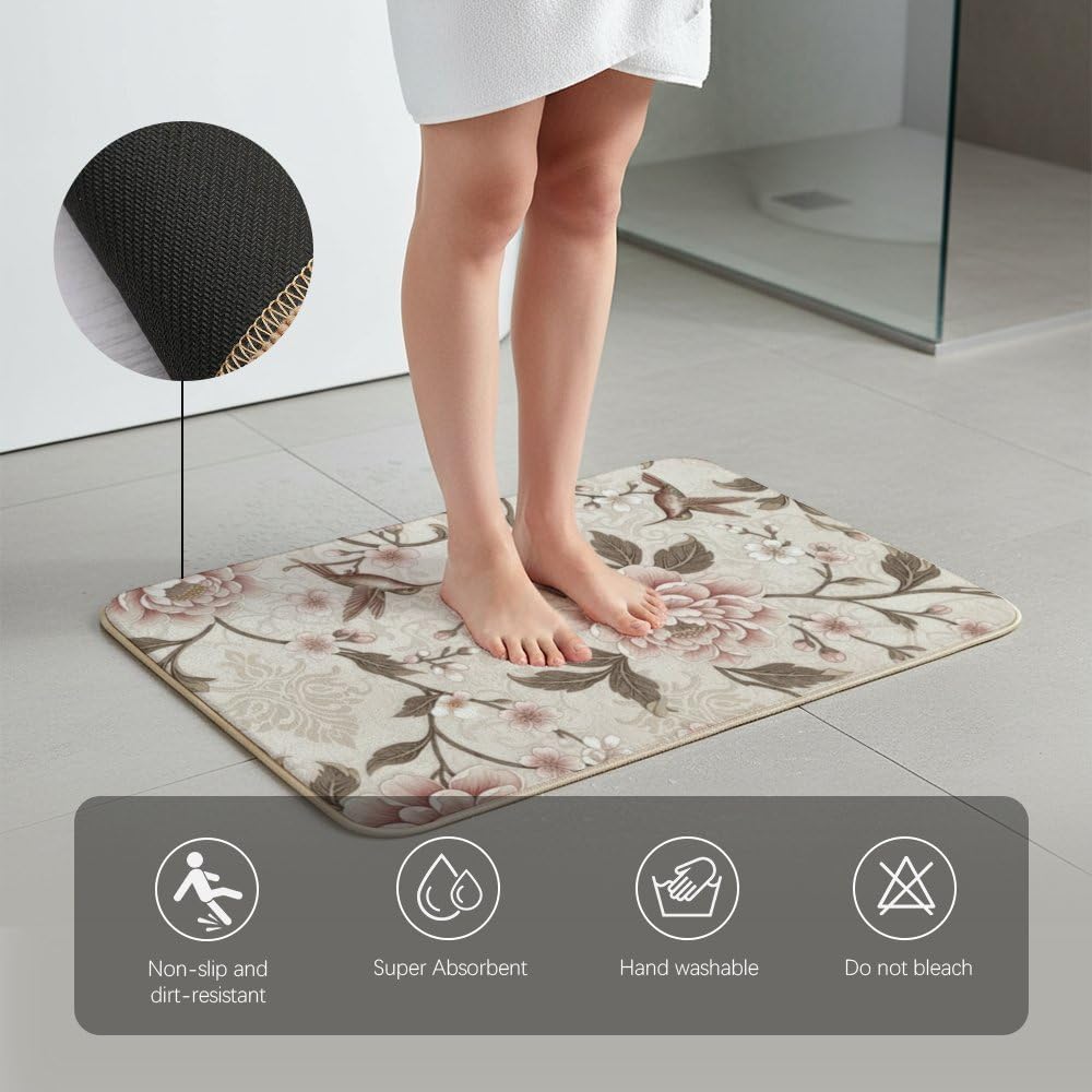 Flannel Quick Dry Bath Mat 16 × 24 Inch, Soft Pink Peony No Slip Mudroom Rug Water Absorbing Shower Decor Washable Rugs Machine Washable Bath Mats for Bathroom Floor