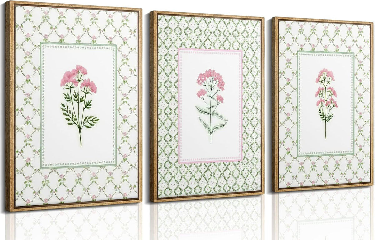3Pcs Pink Green Floral Wildflower Baby Room Painting Picture Wall Decor Pastel Botanical Poster Print Artwork for Bedroom Living Room Girls Bedroom Nursery Dining Room Home Decoration