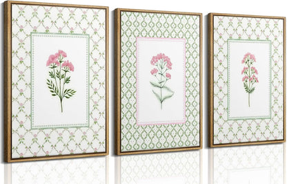3Pcs Pink Green Floral Wildflower Baby Room Painting Picture Wall Decor Pastel Botanical Poster Print Artwork for Bedroom Living Room Girls Bedroom Nursery Dining Room Home Decoration