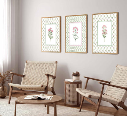 3Pcs Pink Green Floral Wildflower Baby Room Painting Picture Wall Decor Pastel Botanical Poster Print Artwork for Bedroom Living Room Girls Bedroom Nursery Dining Room Home Decoration