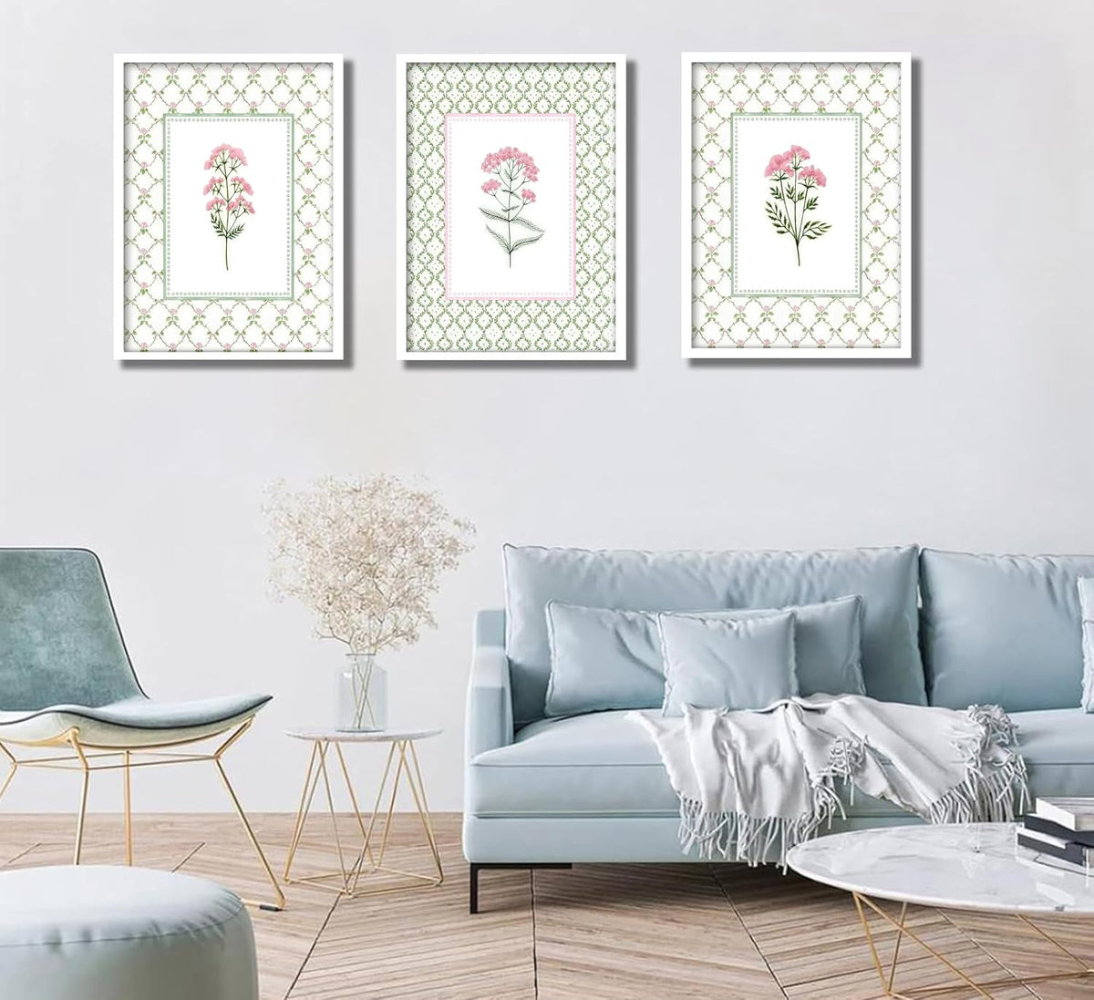 3Pcs Pink Green Floral Wildflower Baby Room Painting Picture Wall Decor Pastel Botanical Poster Print Artwork for Bedroom Living Room Girls Bedroom Nursery Dining Room Home Decoration