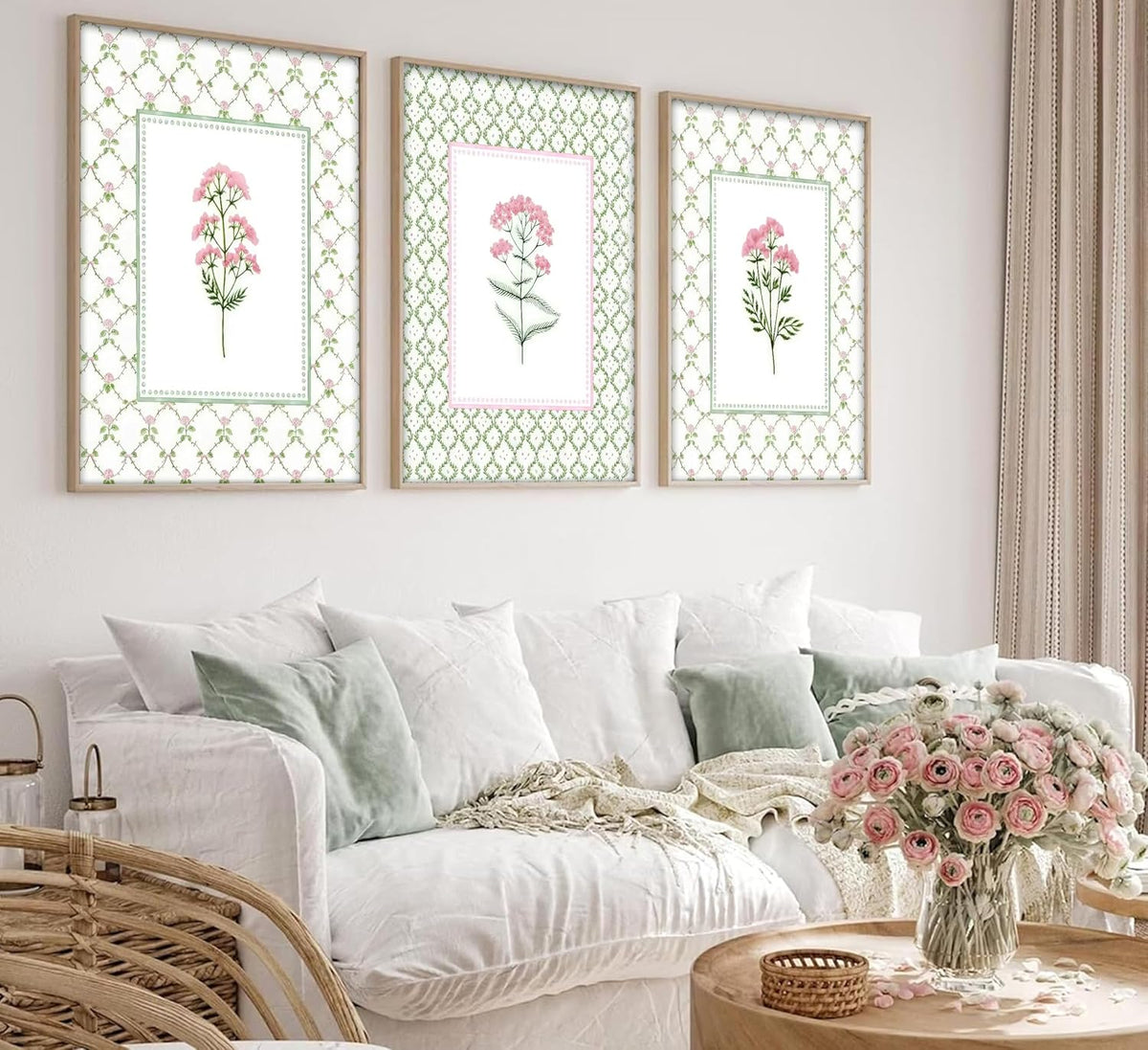 3Pcs Pink Green Floral Wildflower Baby Room Painting Picture Wall Decor Pastel Botanical Poster Print Artwork for Bedroom Living Room Girls Bedroom Nursery Dining Room Home Decoration