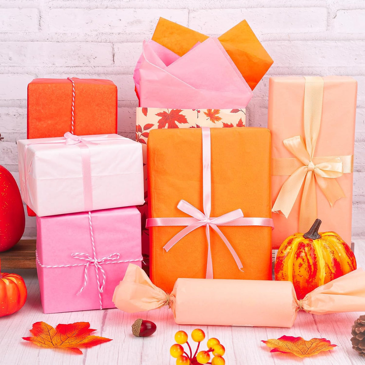 120 Sheets Fall Tissue Papers Pink Orange Decorative Art Gift Wrapping Paper for Autumn Thanksgiving Baby Shower Birthday Party DIY Crafts, 14 x 20 Inch