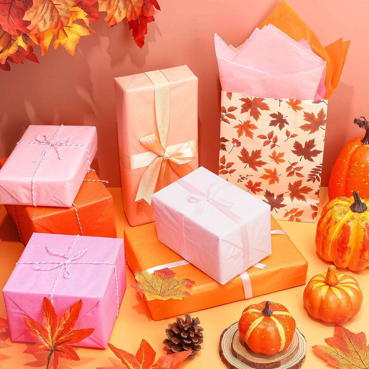 120 Sheets Fall Tissue Papers Pink Orange Decorative Art Gift Wrapping Paper for Autumn Thanksgiving Baby Shower Birthday Party DIY Crafts, 14 x 20 Inch