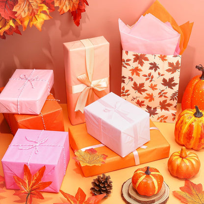 120 Sheets Fall Tissue Papers Pink Orange Decorative Art Gift Wrapping Paper for Autumn Thanksgiving Baby Shower Birthday Party DIY Crafts, 14 x 20 Inch