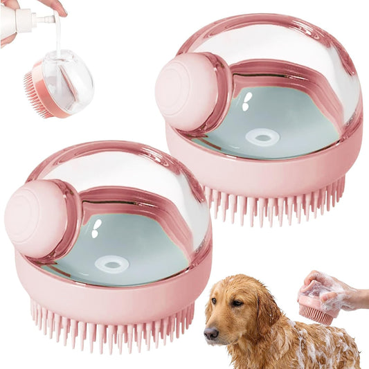 2 Pcs Dog Bath Scrubber Brush, 2 in 1 Pet Dog Grooming Brush with Built-in Shampoo Dispenser Massage Shampoo Bath Brush Soft Silicone Bristle for Long Short Haired Dogs Cats Shower-Pink