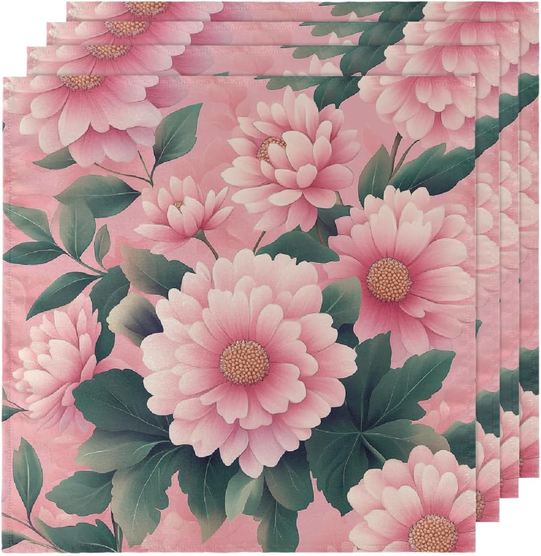 Pink Flowers Pattern Cloth Napkins Set of 4, 20x20 Inches Printed Dinner Napkins Cloth Washable, Table Napkins for Family Parties Weddings Holiday Dinner