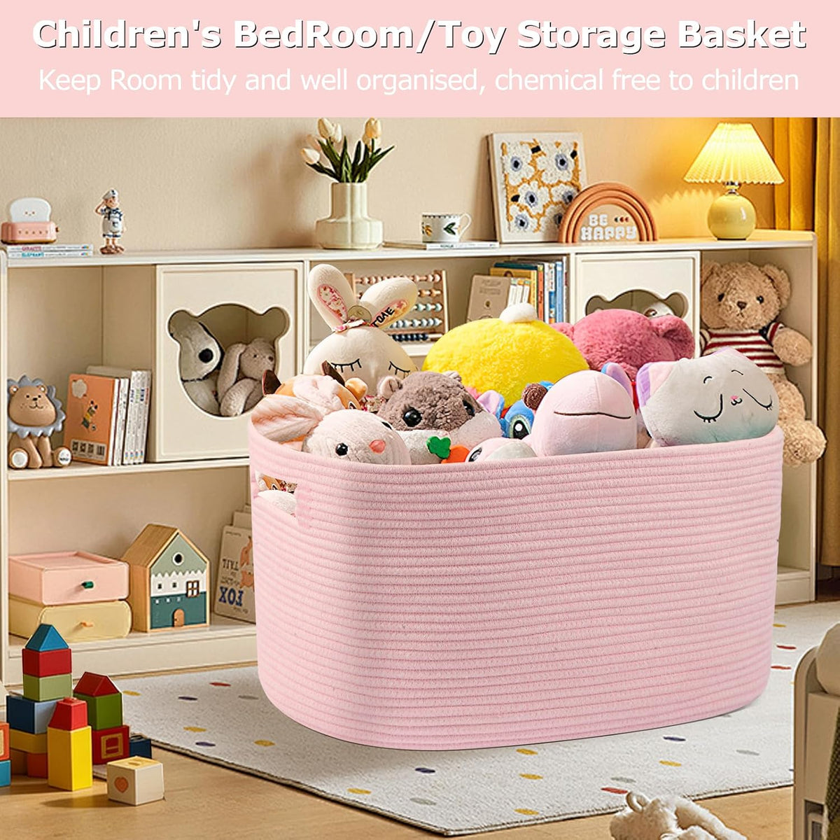 75L Large Woven Storage Basket, Pink Cotton Rope Laundry Hamper with Handles, 22”x17”x12” Rectangle Blanket Basket for Toys, Clothes, Pillows, Nursery and Living Room,Shelf Basket