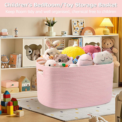 75L Large Woven Storage Basket, Pink Cotton Rope Laundry Hamper with Handles, 22”x17”x12” Rectangle Blanket Basket for Toys, Clothes, Pillows, Nursery and Living Room,Shelf Basket