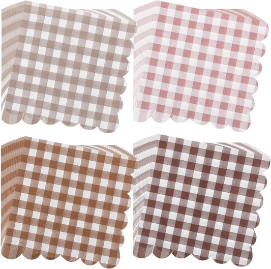 240 Pcs Scalloped Cocktail Napkins Bulk 5 x 5 Inch Gingham Plaid Paper Napkins Disposable Gradient Color Decorative for Wedding Birthday Bridal Anniversary Party Supplies (Brown and Pink)