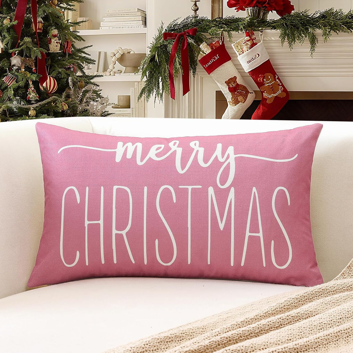 Pink White Christmas Lumbar Pillow Cover 12x20 Inches for Xmas Decorations Merry Christmas Throw Pillow Covers Winter Holiday Cushion Case Decoration for Sofa Couch