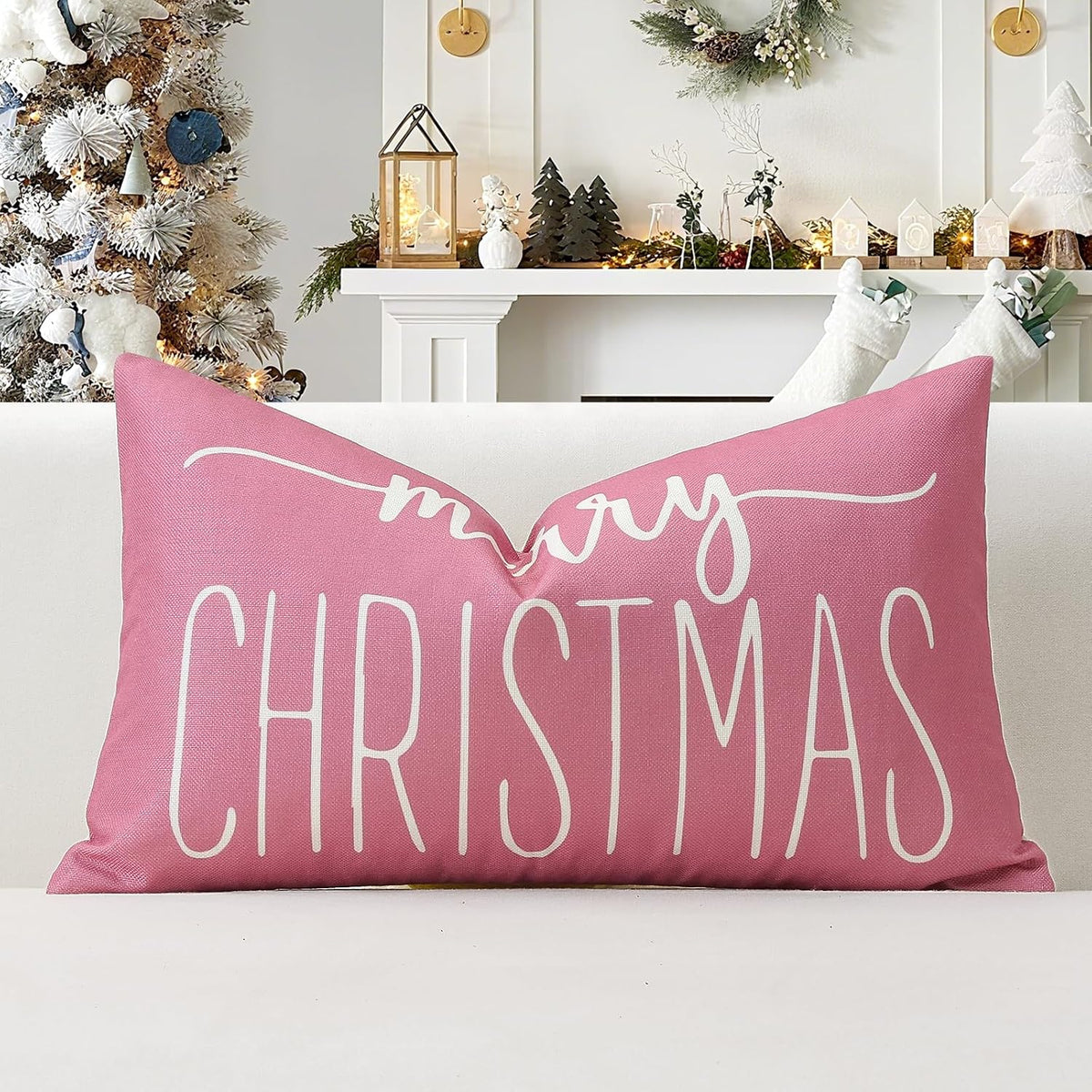 Pink White Christmas Lumbar Pillow Cover 12x20 Inches for Xmas Decorations Merry Christmas Throw Pillow Covers Winter Holiday Cushion Case Decoration for Sofa Couch