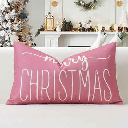 Pink White Christmas Lumbar Pillow Cover 12x20 Inches for Xmas Decorations Merry Christmas Throw Pillow Covers Winter Holiday Cushion Case Decoration for Sofa Couch