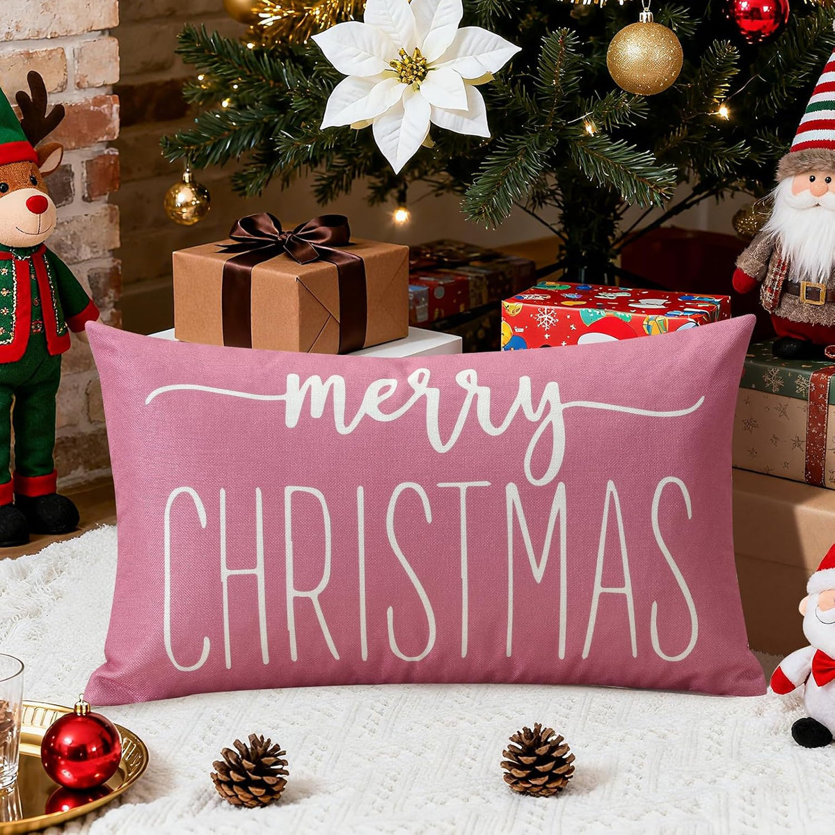 Pink White Christmas Lumbar Pillow Cover 12x20 Inches for Xmas Decorations Merry Christmas Throw Pillow Covers Winter Holiday Cushion Case Decoration for Sofa Couch