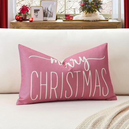 Pink White Christmas Lumbar Pillow Cover 12x20 Inches for Xmas Decorations Merry Christmas Throw Pillow Covers Winter Holiday Cushion Case Decoration for Sofa Couch