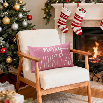 Pink White Christmas Lumbar Pillow Cover 12x20 Inches for Xmas Decorations Merry Christmas Throw Pillow Covers Winter Holiday Cushion Case Decoration for Sofa Couch