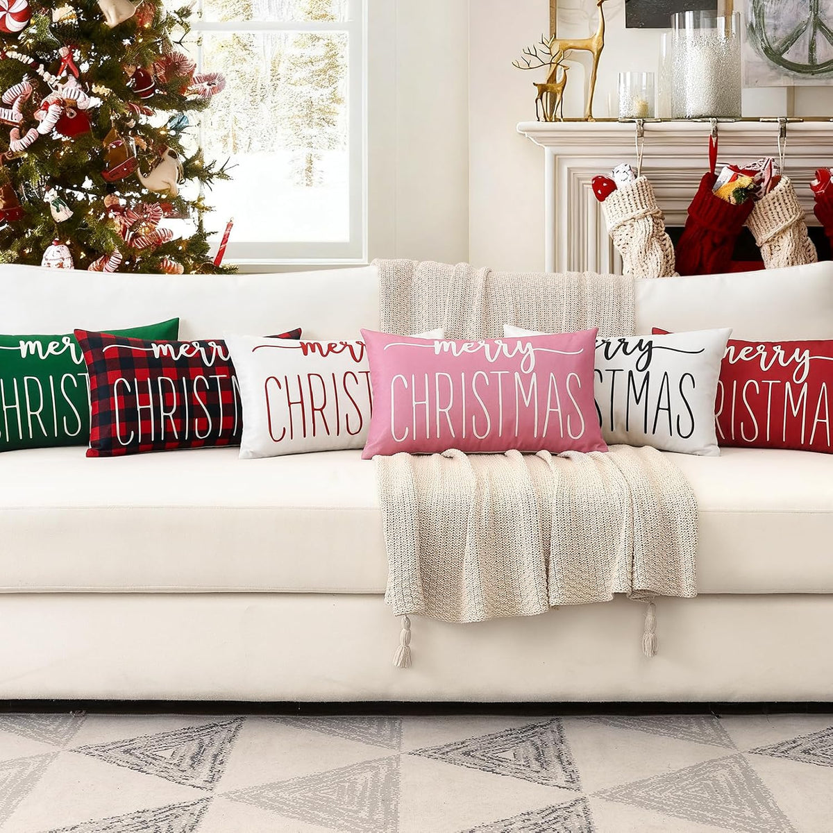 Pink White Christmas Lumbar Pillow Cover 12x20 Inches for Xmas Decorations Merry Christmas Throw Pillow Covers Winter Holiday Cushion Case Decoration for Sofa Couch