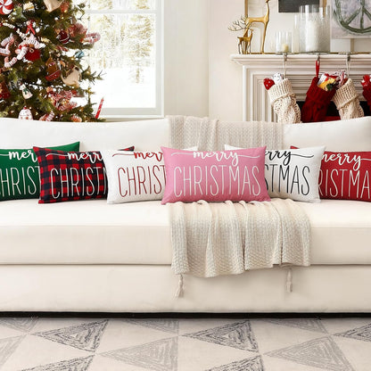 Pink White Christmas Lumbar Pillow Cover 12x20 Inches for Xmas Decorations Merry Christmas Throw Pillow Covers Winter Holiday Cushion Case Decoration for Sofa Couch