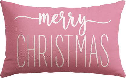 Pink White Christmas Lumbar Pillow Cover 12x20 Inches for Xmas Decorations Merry Christmas Throw Pillow Covers Winter Holiday Cushion Case Decoration for Sofa Couch