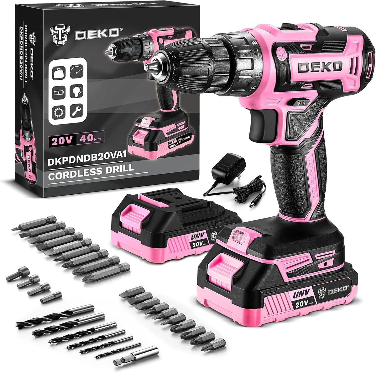 Power Drill Cordless: 20V Electric Drills with 3/8-Inch Keyless Chuck, Variable Speed, Power Cordless Drill Set Tool with 2 Batteries, Charger&30 Accessories(Pink)