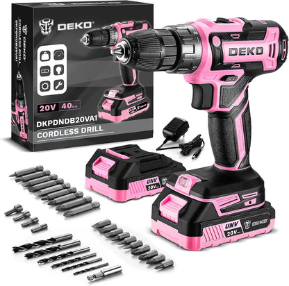 Power Drill Cordless: 20V Electric Drills with 3/8-Inch Keyless Chuck, Variable Speed, Power Cordless Drill Set Tool with 2 Batteries, Charger&30 Accessories(Pink)