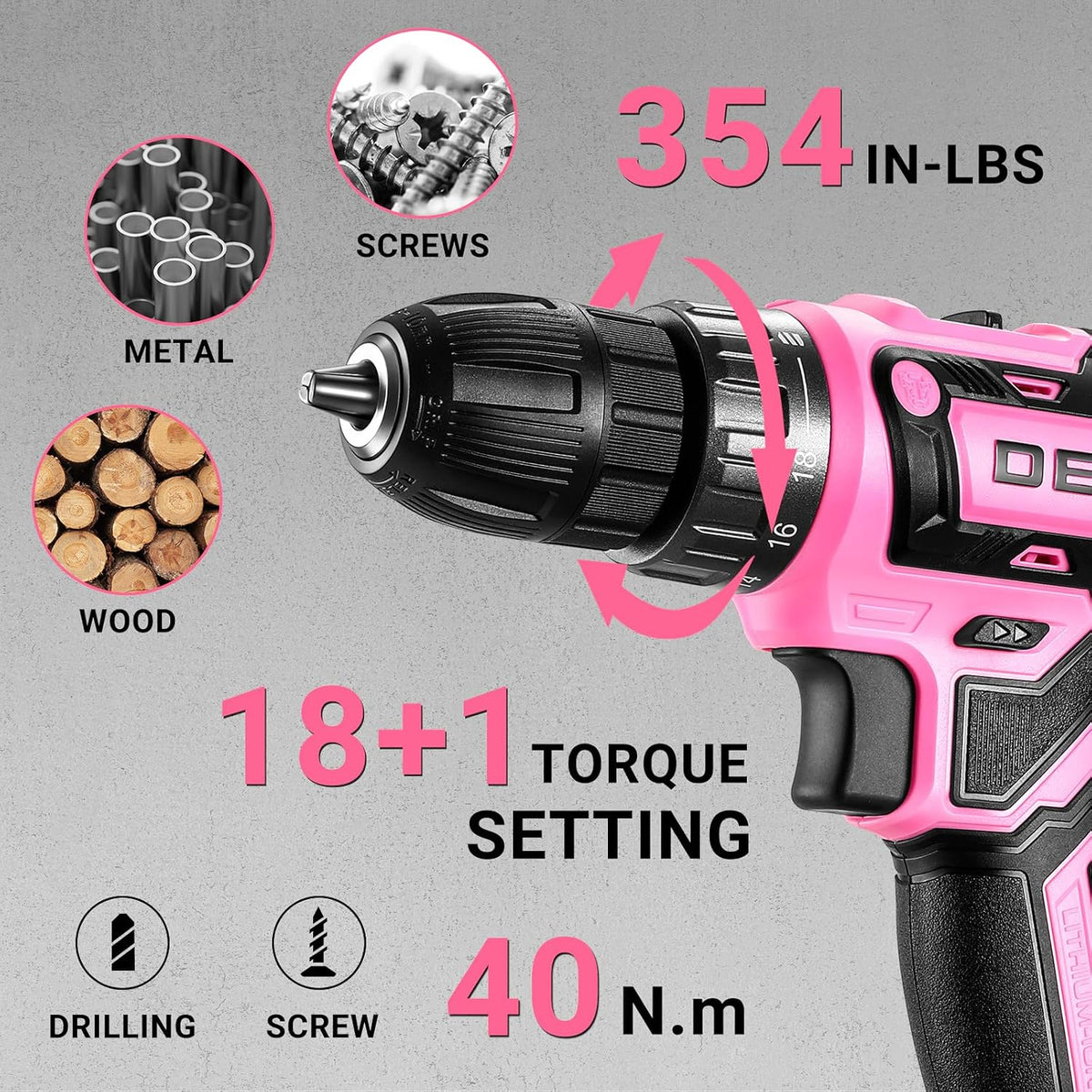 Power Drill Cordless: 20V Electric Drills with 3/8-Inch Keyless Chuck, Variable Speed, Power Cordless Drill Set Tool with 2 Batteries, Charger&30 Accessories(Pink)