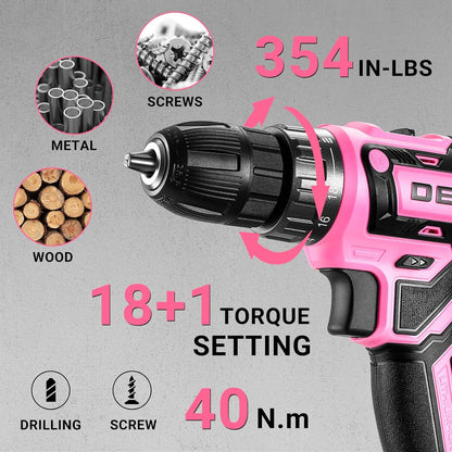 Power Drill Cordless: 20V Electric Drills with 3/8-Inch Keyless Chuck, Variable Speed, Power Cordless Drill Set Tool with 2 Batteries, Charger&30 Accessories(Pink)