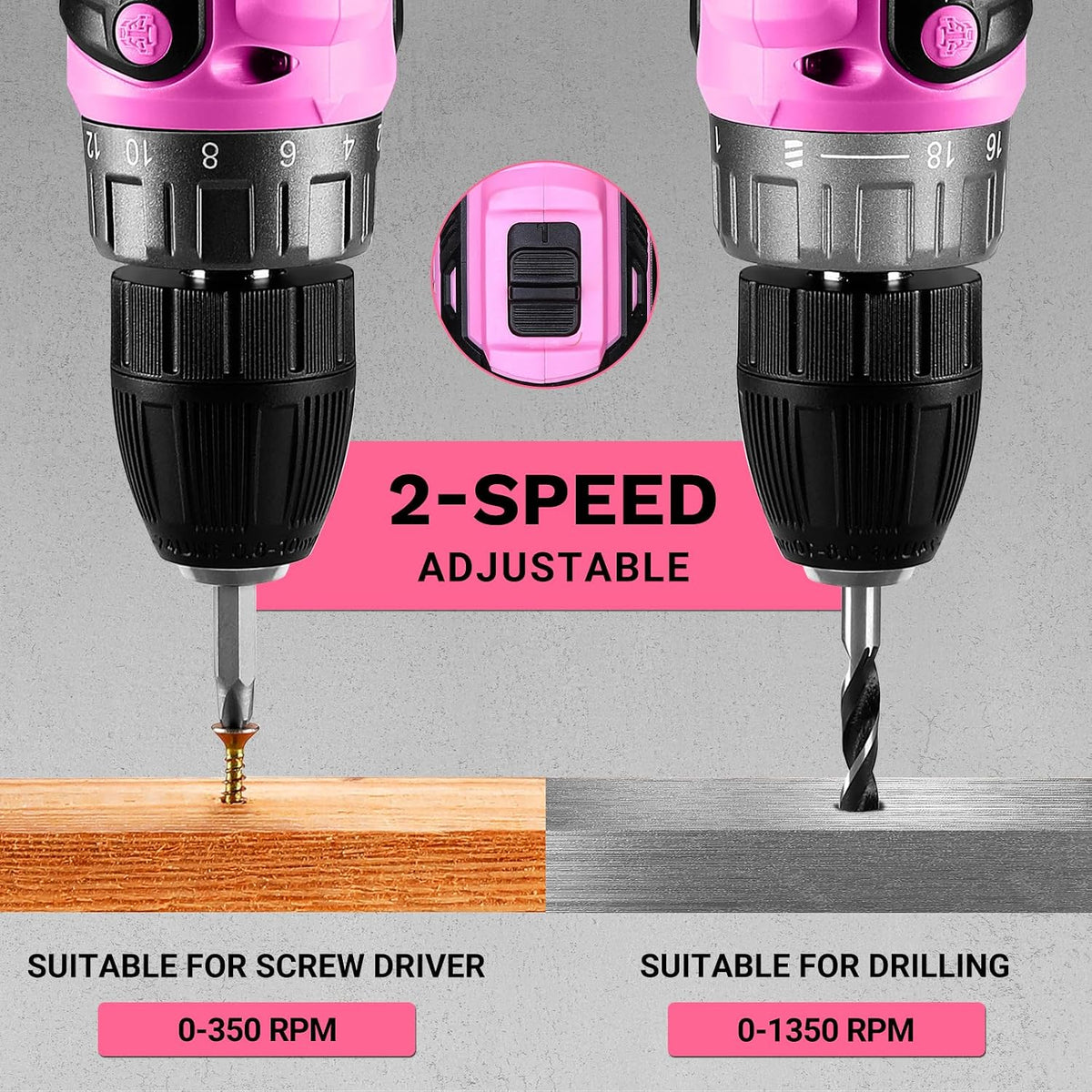 Power Drill Cordless: 20V Electric Drills with 3/8-Inch Keyless Chuck, Variable Speed, Power Cordless Drill Set Tool with 2 Batteries, Charger&30 Accessories(Pink)
