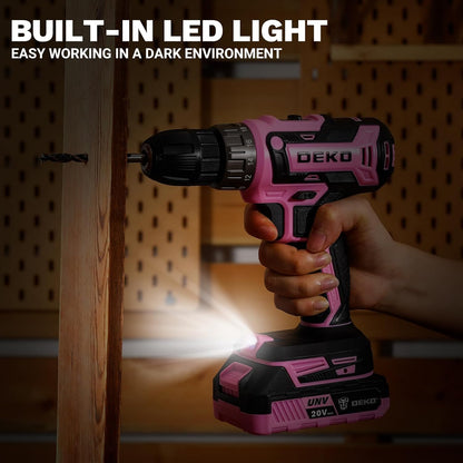 Power Drill Cordless: 20V Electric Drills with 3/8-Inch Keyless Chuck, Variable Speed, Power Cordless Drill Set Tool with 2 Batteries, Charger&30 Accessories(Pink)