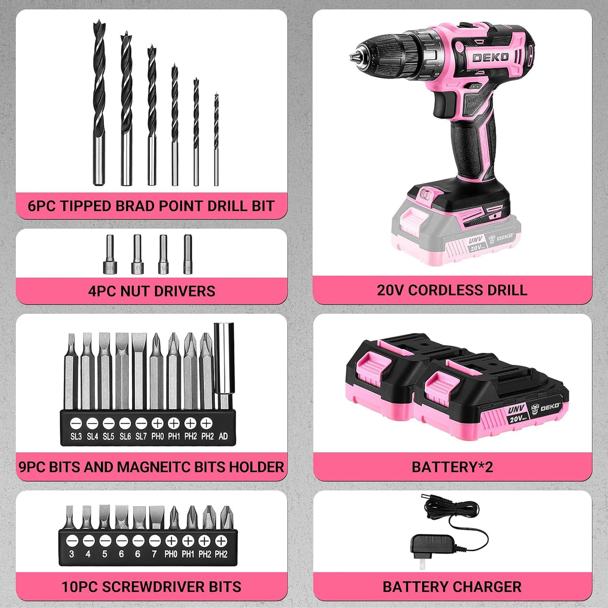 Power Drill Cordless: 20V Electric Drills with 3/8-Inch Keyless Chuck, Variable Speed, Power Cordless Drill Set Tool with 2 Batteries, Charger&30 Accessories(Pink)