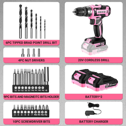 Power Drill Cordless: 20V Electric Drills with 3/8-Inch Keyless Chuck, Variable Speed, Power Cordless Drill Set Tool with 2 Batteries, Charger&30 Accessories(Pink)