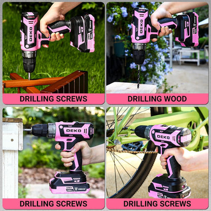 Power Drill Cordless: 20V Electric Drills with 3/8-Inch Keyless Chuck, Variable Speed, Power Cordless Drill Set Tool with 2 Batteries, Charger&30 Accessories(Pink)