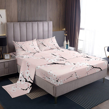 Peach Blossom Sheet Set Full Size,Pink Flower Bedding Sets 4Pcs for Kids Teens Adults Room Decor,Pink Floral Fitted Sheets Botanical Theme Bed Sheet,2 Pillowcases