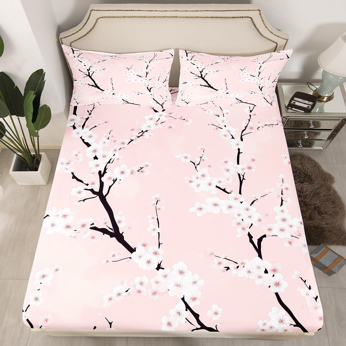 Peach Blossom Sheet Set Full Size,Pink Flower Bedding Sets 4Pcs for Kids Teens Adults Room Decor,Pink Floral Fitted Sheets Botanical Theme Bed Sheet,2 Pillowcases