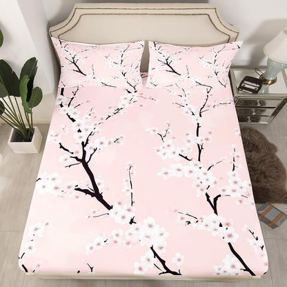 Peach Blossom Sheet Set Full Size,Pink Flower Bedding Sets 4Pcs for Kids Teens Adults Room Decor,Pink Floral Fitted Sheets Botanical Theme Bed Sheet,2 Pillowcases