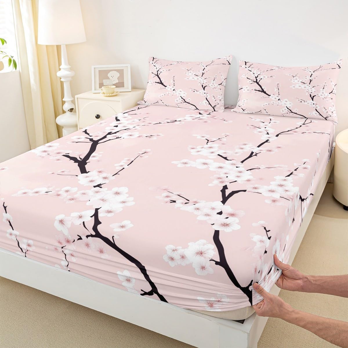 Peach Blossom Sheet Set Full Size,Pink Flower Bedding Sets 4Pcs for Kids Teens Adults Room Decor,Pink Floral Fitted Sheets Botanical Theme Bed Sheet,2 Pillowcases