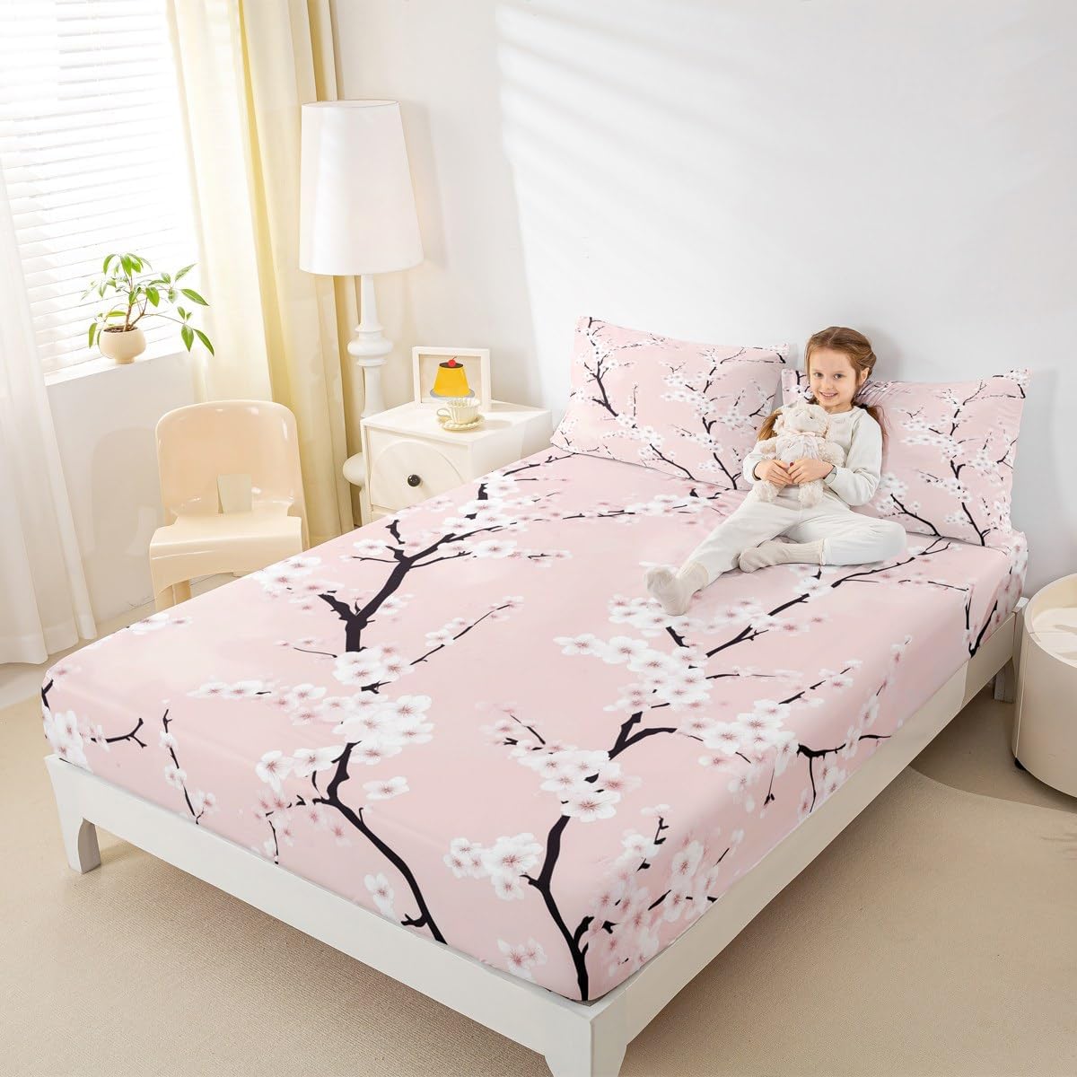 Peach Blossom Sheet Set Full Size,Pink Flower Bedding Sets 4Pcs for Kids Teens Adults Room Decor,Pink Floral Fitted Sheets Botanical Theme Bed Sheet,2 Pillowcases