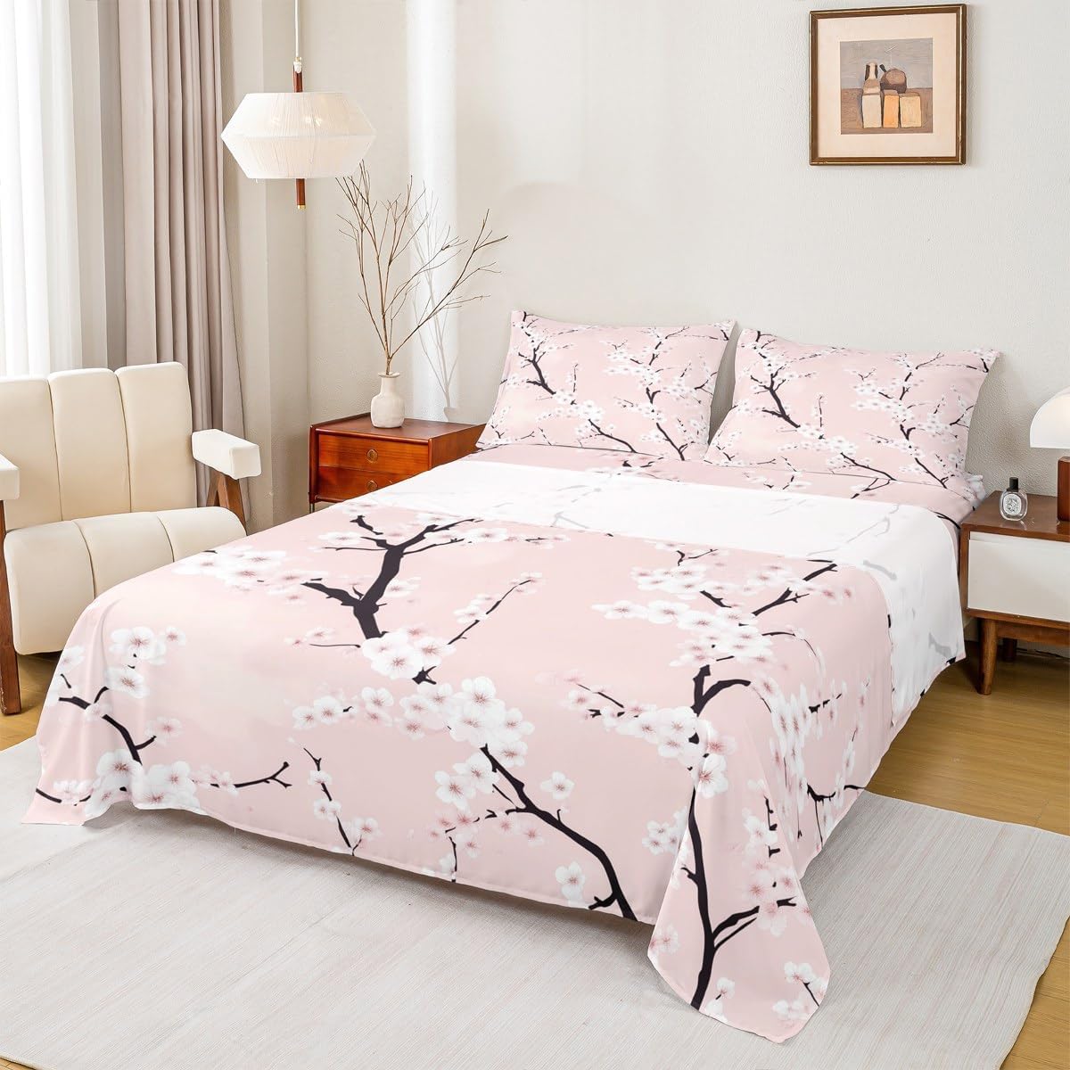 Peach Blossom Sheet Set Full Size,Pink Flower Bedding Sets 4Pcs for Kids Teens Adults Room Decor,Pink Floral Fitted Sheets Botanical Theme Bed Sheet,2 Pillowcases