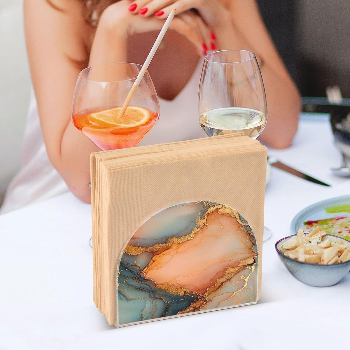 Marble Peach Gold Acrylic rustic napkin holder for Farmhouse Cocktail freestanding napkin holders for kitchen home decorating Farmhouse Cocktail 1Pack
