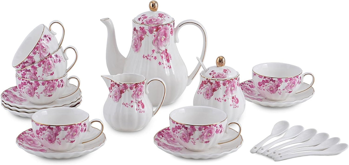 Pink Flowers Ceramic Tea Set，Tea Sets for Adults, with Teapot, Sugar Bowl, Milk Jug, Spoons, Cup and Saucer for Tea Party (Pink Flowers)