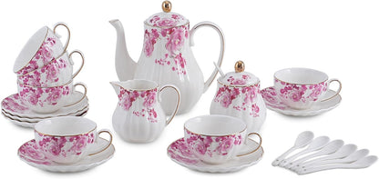 Pink Flowers Ceramic Tea Set，Tea Sets for Adults, with Teapot, Sugar Bowl, Milk Jug, Spoons, Cup and Saucer for Tea Party (Pink Flowers)