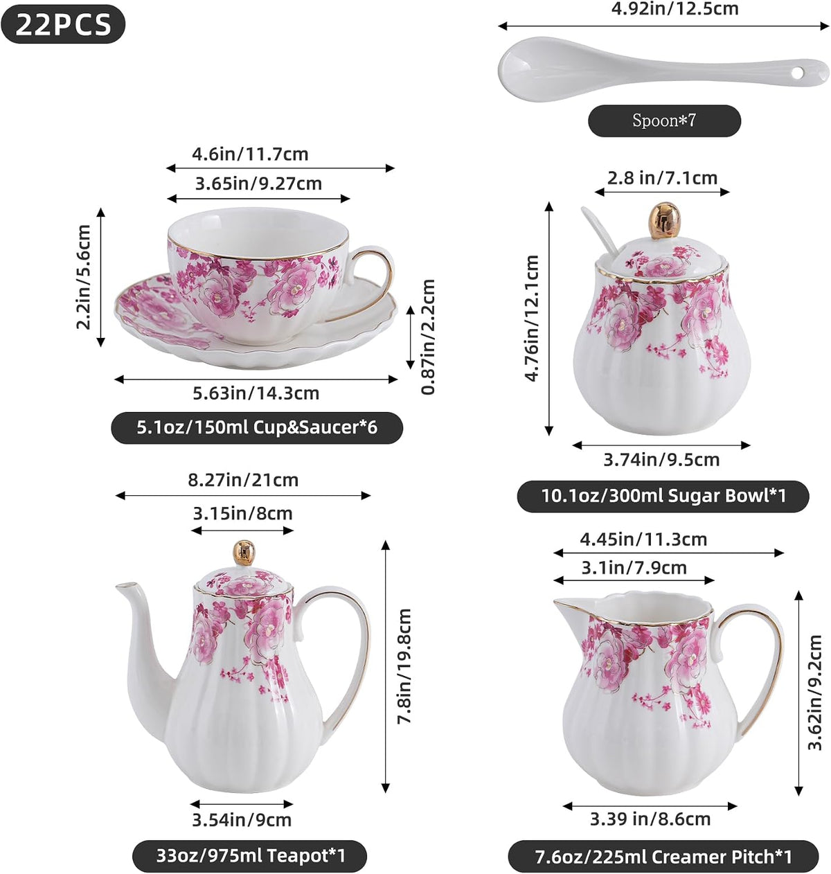 Pink Flowers Ceramic Tea Set，Tea Sets for Adults, with Teapot, Sugar Bowl, Milk Jug, Spoons, Cup and Saucer for Tea Party (Pink Flowers)