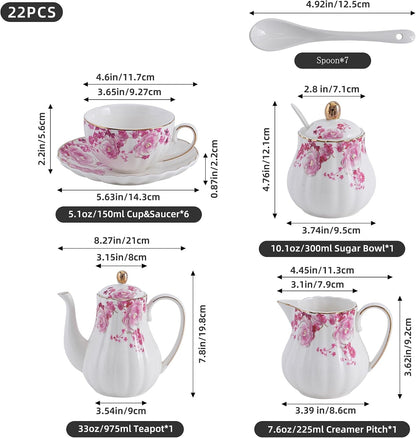 Pink Flowers Ceramic Tea Set，Tea Sets for Adults, with Teapot, Sugar Bowl, Milk Jug, Spoons, Cup and Saucer for Tea Party (Pink Flowers)