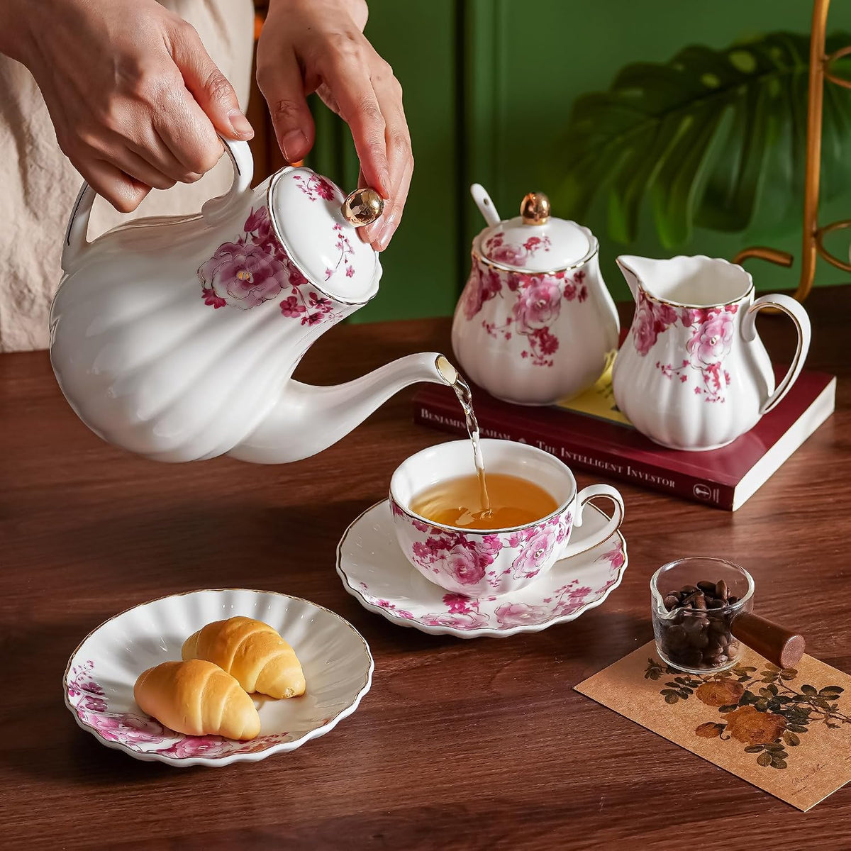 Pink Flowers Ceramic Tea Set，Tea Sets for Adults, with Teapot, Sugar Bowl, Milk Jug, Spoons, Cup and Saucer for Tea Party (Pink Flowers)