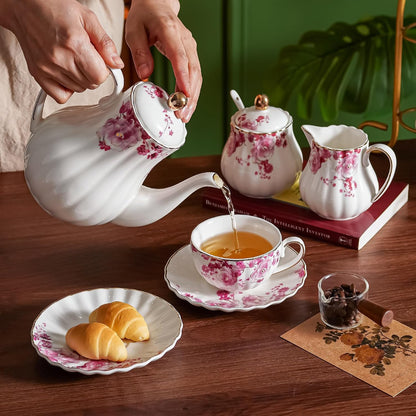 Pink Flowers Ceramic Tea Set，Tea Sets for Adults, with Teapot, Sugar Bowl, Milk Jug, Spoons, Cup and Saucer for Tea Party (Pink Flowers)