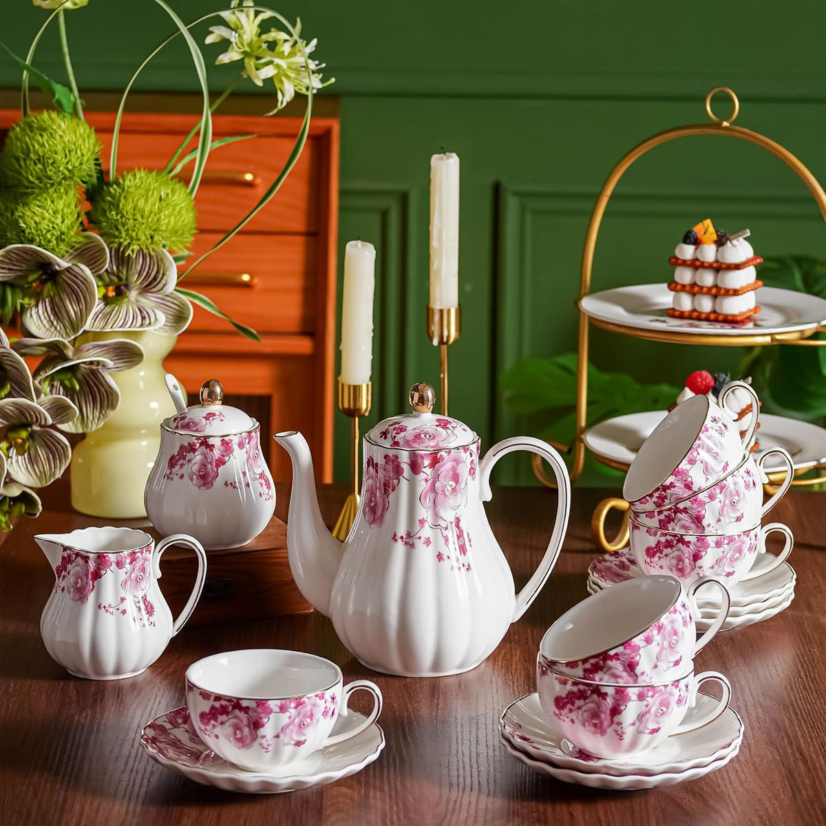 Pink Flowers Ceramic Tea Set，Tea Sets for Adults, with Teapot, Sugar Bowl, Milk Jug, Spoons, Cup and Saucer for Tea Party (Pink Flowers)