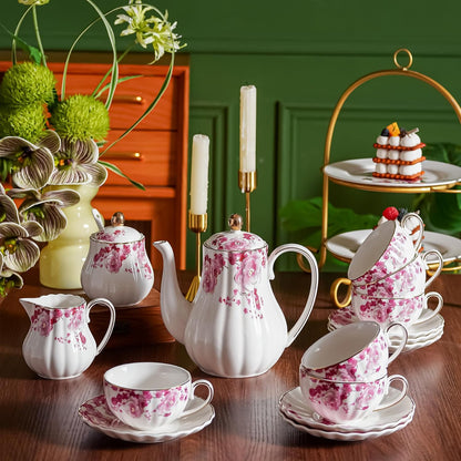 Pink Flowers Ceramic Tea Set，Tea Sets for Adults, with Teapot, Sugar Bowl, Milk Jug, Spoons, Cup and Saucer for Tea Party (Pink Flowers)