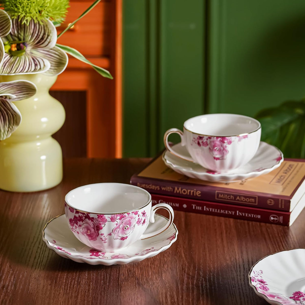 Pink Flowers Ceramic Tea Set，Tea Sets for Adults, with Teapot, Sugar Bowl, Milk Jug, Spoons, Cup and Saucer for Tea Party (Pink Flowers)