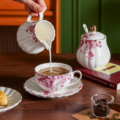 Pink Flowers Ceramic Tea Set，Tea Sets for Adults, with Teapot, Sugar Bowl, Milk Jug, Spoons, Cup and Saucer for Tea Party (Pink Flowers)